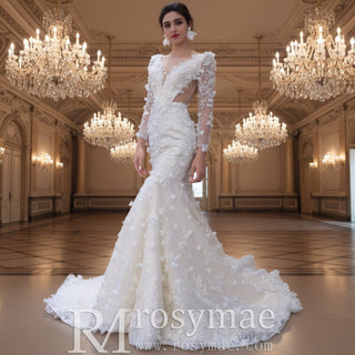Elegant 3D Floral Lace Mermaid Wedding Dress Long Sleeve Bridal Gown - Rosymae