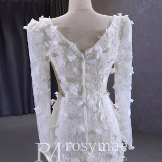 Elegant 3D Floral Lace Mermaid Wedding Dress Long Sleeve Bridal Gown - Rosymae