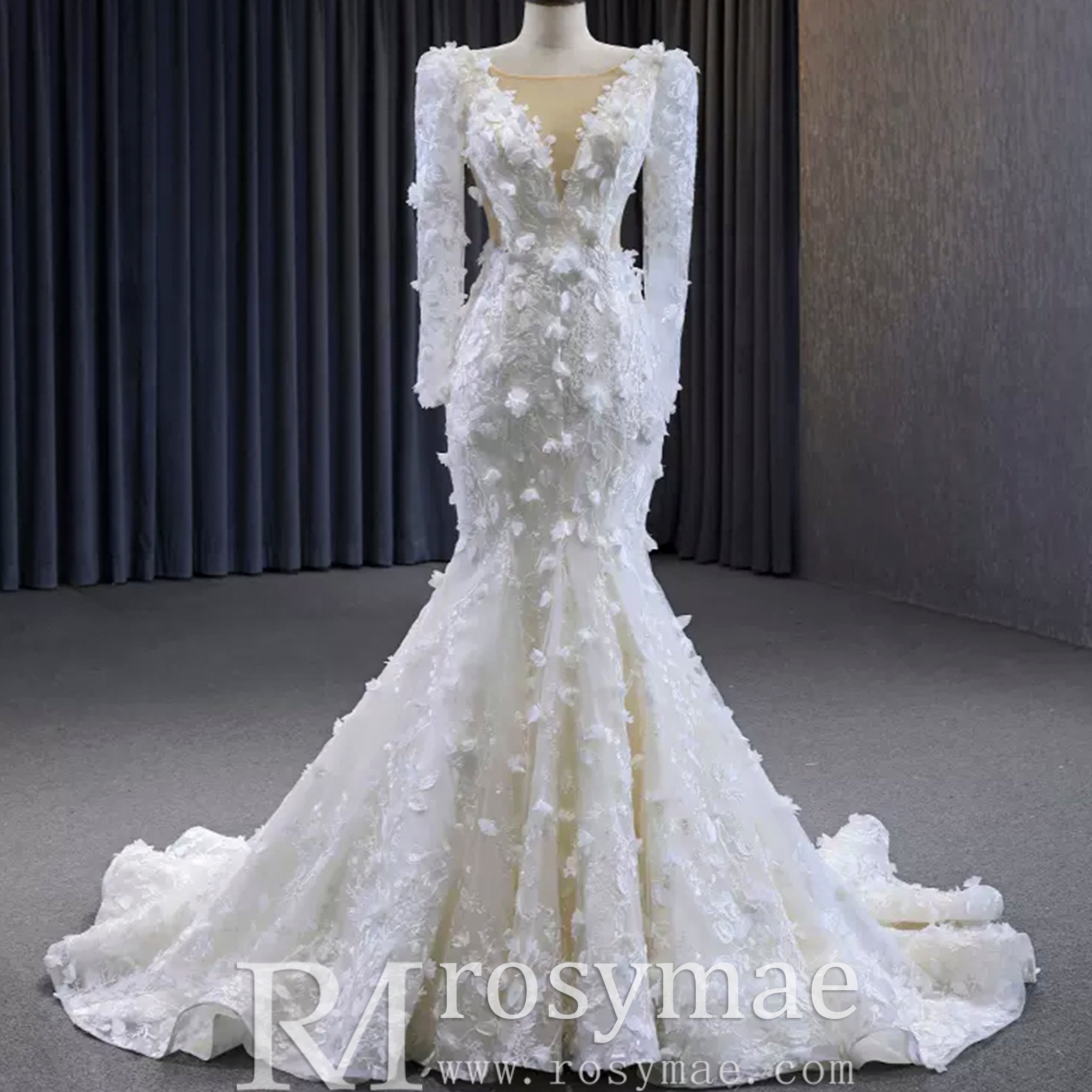 Elegant 3D Floral Lace Mermaid Wedding Dress Long Sleeve Bridal Gown - Rosymae