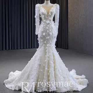 Elegant 3D Floral Lace Mermaid Wedding Dress Long Sleeve Bridal Gown - Rosymae