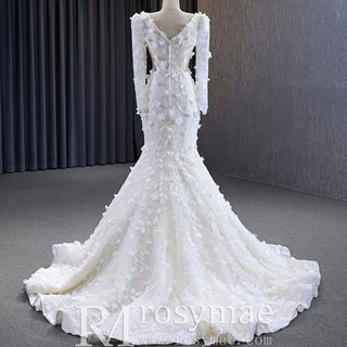 Elegant 3D Floral Lace Mermaid Wedding Dress Long Sleeve Bridal Gown - Rosymae