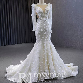 Elegant 3D Floral Lace Mermaid Wedding Dress Long Sleeve Bridal Gown - Rosymae