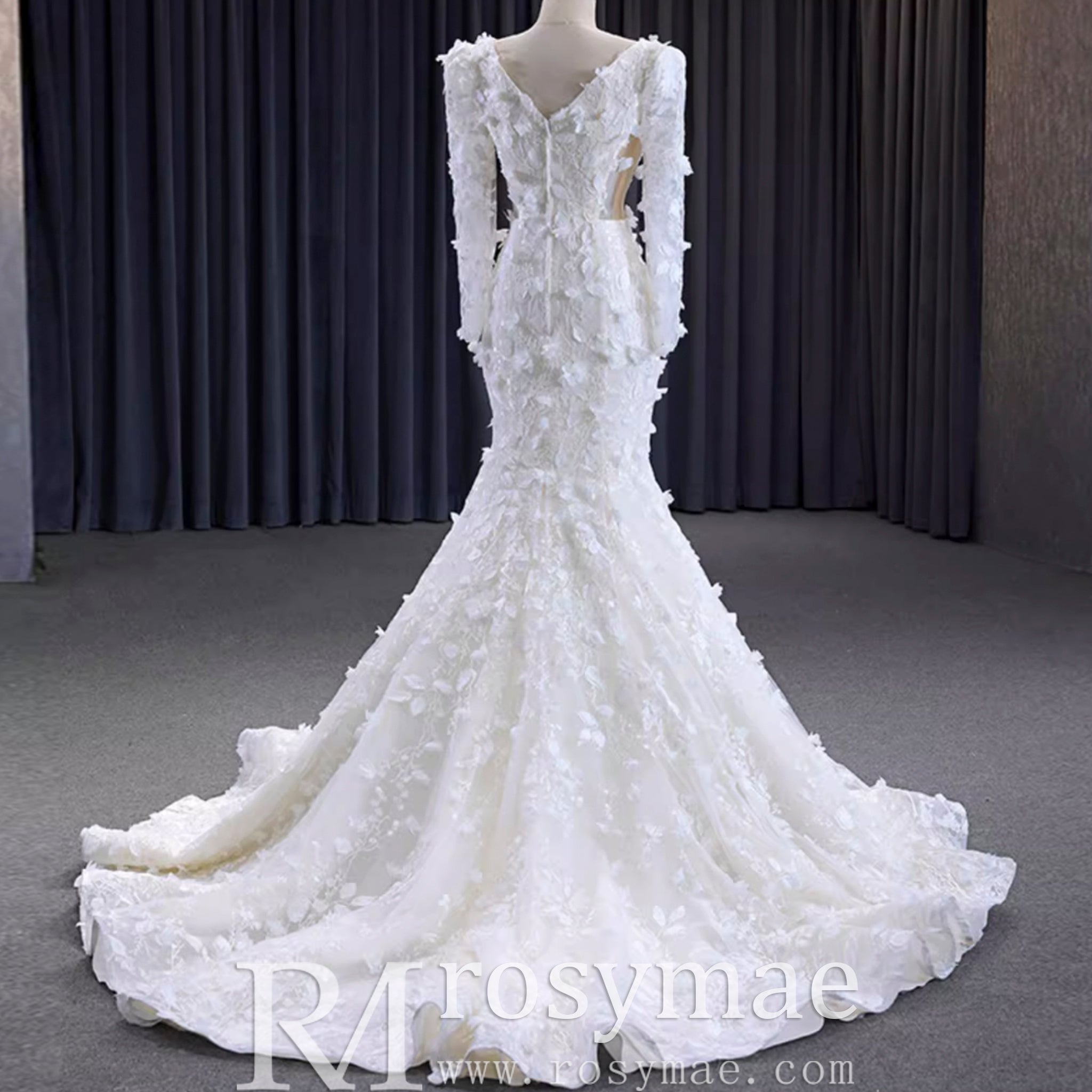 Elegant 3D Floral Lace Mermaid Wedding Dress Long Sleeve Bridal Gown - Rosymae