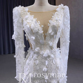 Elegant 3D Floral Lace Mermaid Wedding Dress Long Sleeve Bridal Gown - Rosymae