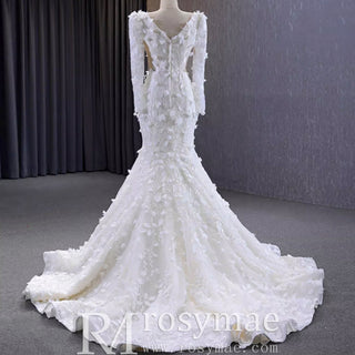 Elegant 3D Floral Lace Mermaid Wedding Dress Long Sleeve Bridal Gown - Rosymae