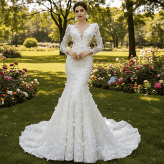 Elegant 3D Floral Lace Mermaid Wedding Dress Long Sleeve Bridal Gown - Rosymae