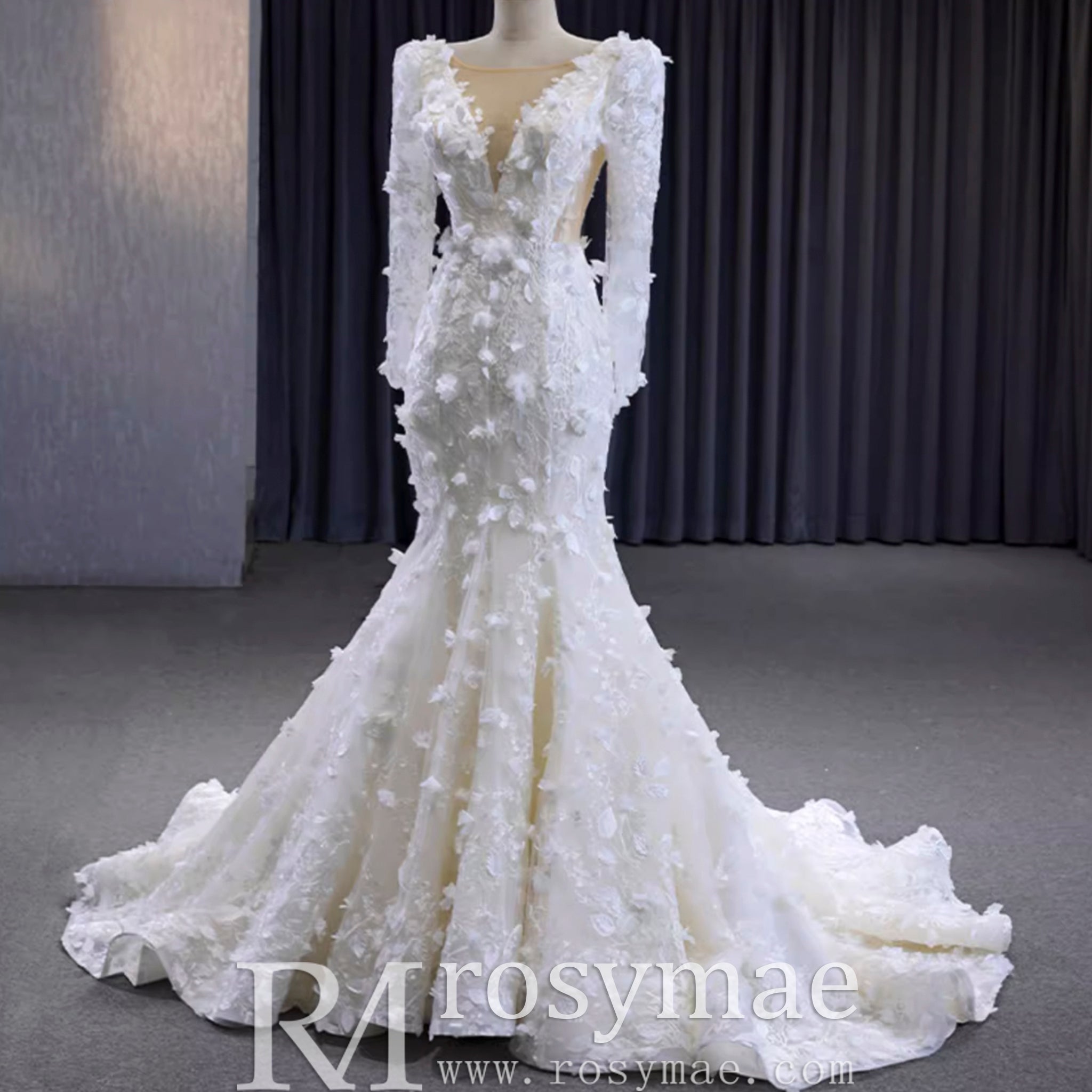 Elegant 3D Floral Lace Mermaid Wedding Dress Long Sleeve Bridal Gown - Rosymae