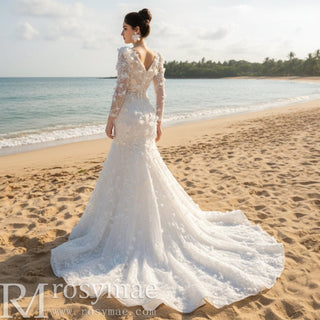 Elegant 3D Floral Lace Mermaid Wedding Dress Long Sleeve Bridal Gown - Rosymae