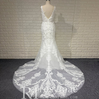 Elegant 3D Lace Appliqued Mermaid Backless Wedding Dress with V Back - Rosymae