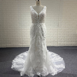 Elegant 3D Lace Appliqued Mermaid Backless Wedding Dress with V Back - Rosymae