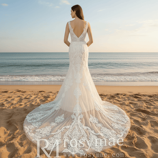 Elegant 3D Lace Appliqued Mermaid Backless Wedding Dress with V Back - Rosymae