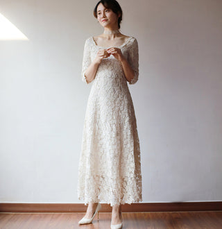 Half Sleeve Floral Lace Tea Length Wedding Dress with Square Neck