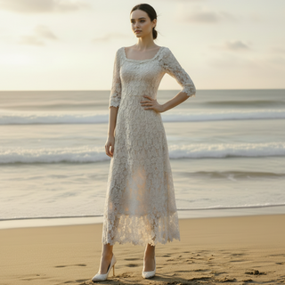 Half Sleeve Floral Lace Tea Length Wedding Dress with Square Neck