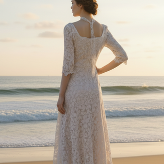 Half Sleeve Floral Lace Tea Length Wedding Dress with Square Neck