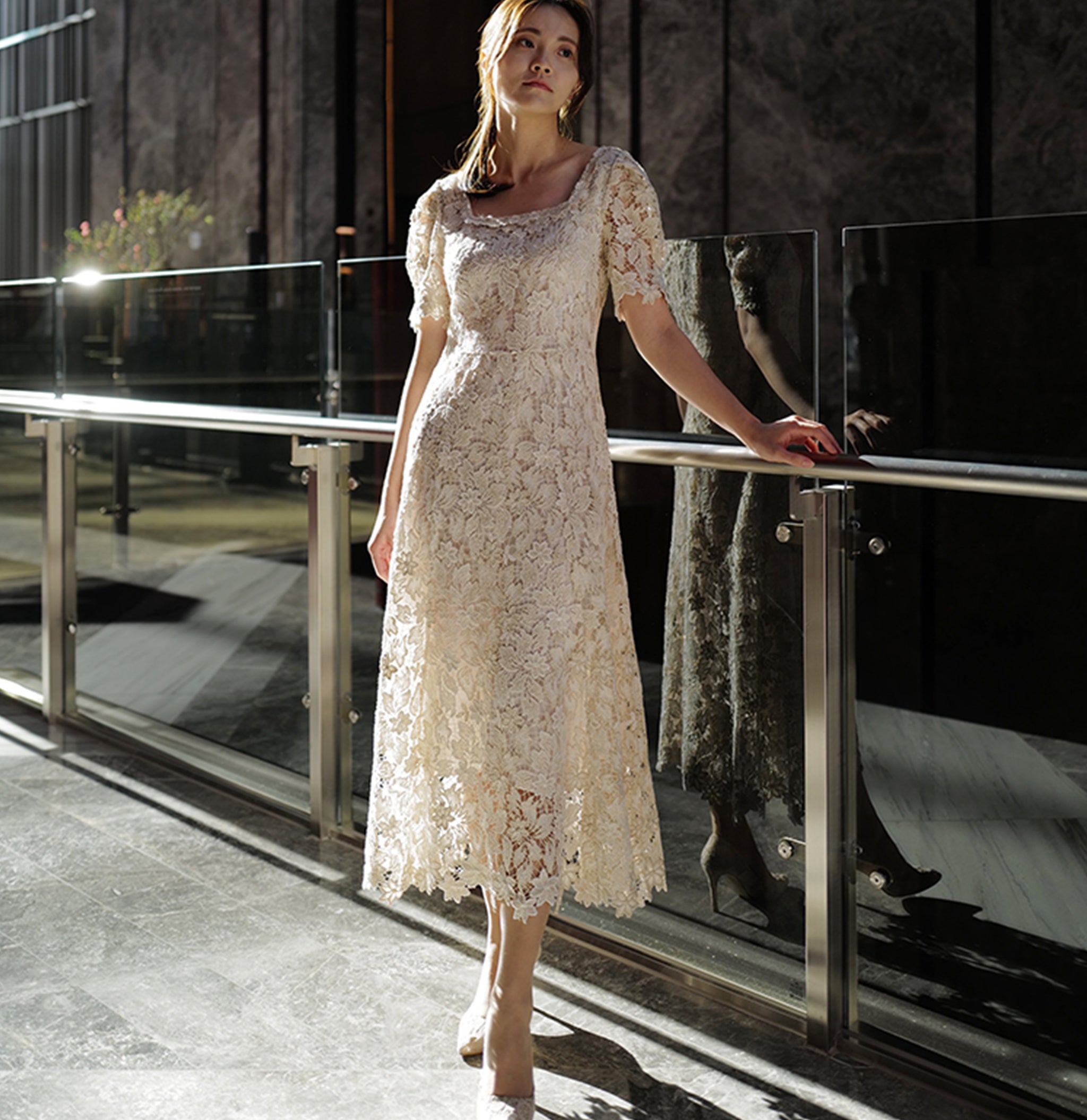 Half Sleeve Floral Lace Tea Length Wedding Dress with Square Neck Rosymae Half Sleeve Floral Lace Tea Length Wedding Dress with Square Neck Rosymae