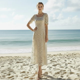 Half Sleeve Floral Lace Tea Length Wedding Dress with Square Neck