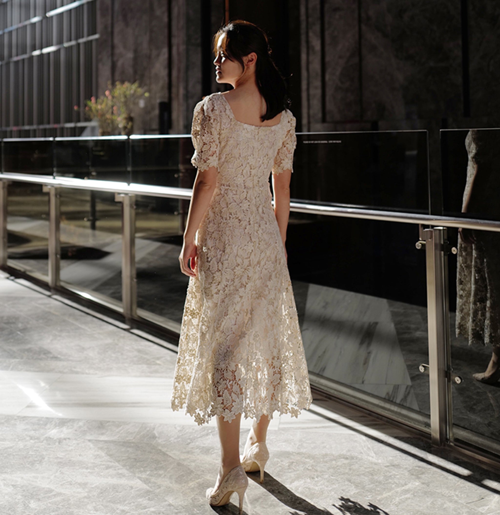 Half Sleeve Floral Lace Tea Length Wedding Dress with Square Neck Rosymae Half Sleeve Floral Lace Tea Length Wedding Dress with Square Neck Rosymae