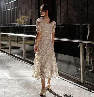 Half Sleeve Floral Lace Tea Length Wedding Dress with Square Neck