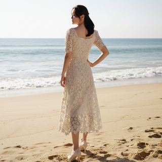 Half Sleeve Floral Lace Tea Length Wedding Dress with Square Neck