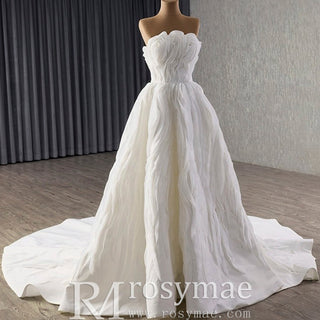 Elegant A-Line Asymmetrical Neckline Wedding Dress with Ruffle - Rosymae