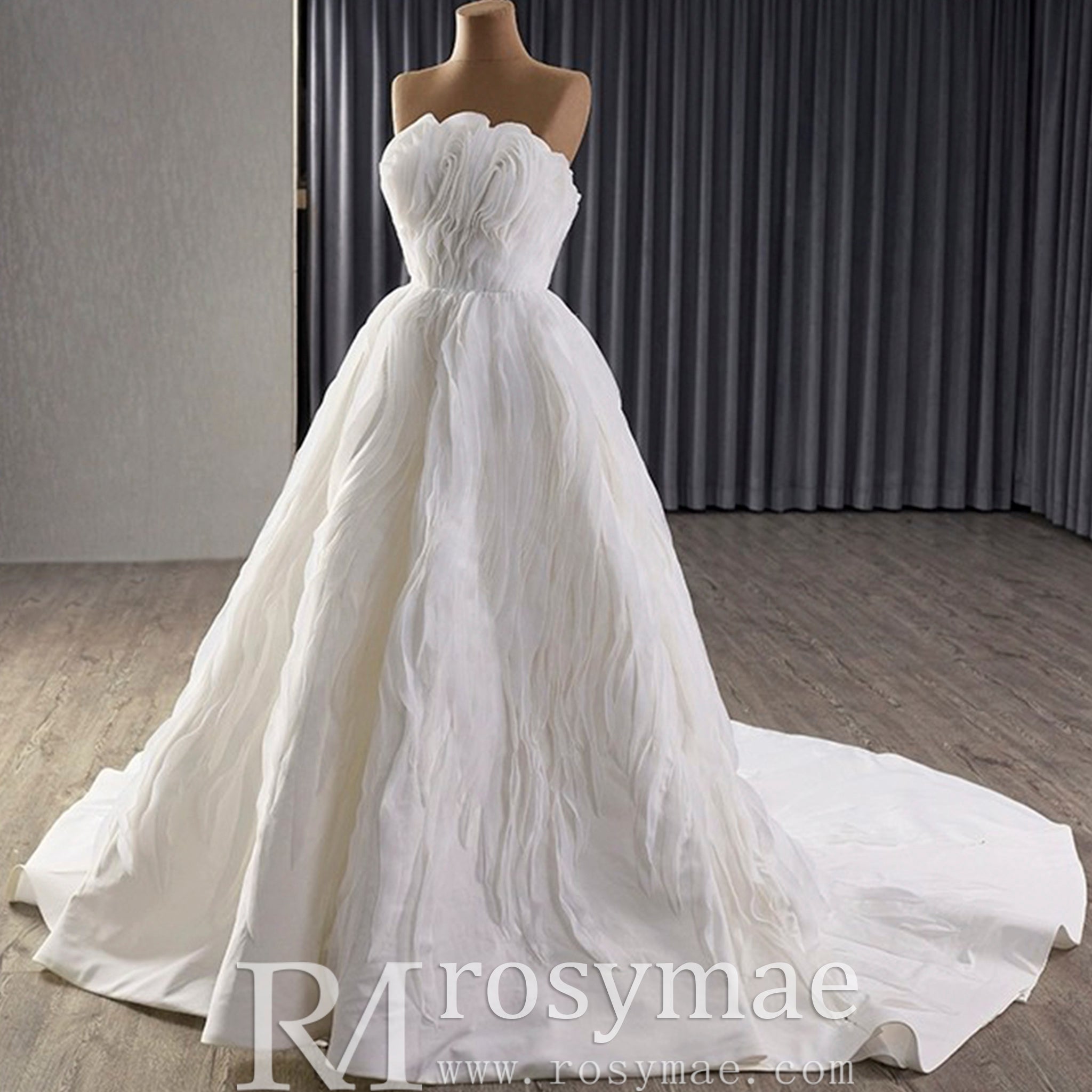 Elegant A-Line Asymmetrical Neckline Wedding Dress with Ruffle - Rosymae