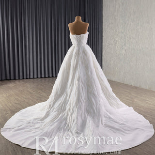 Elegant A-Line Asymmetrical Neckline Wedding Dress with Ruffle - Rosymae