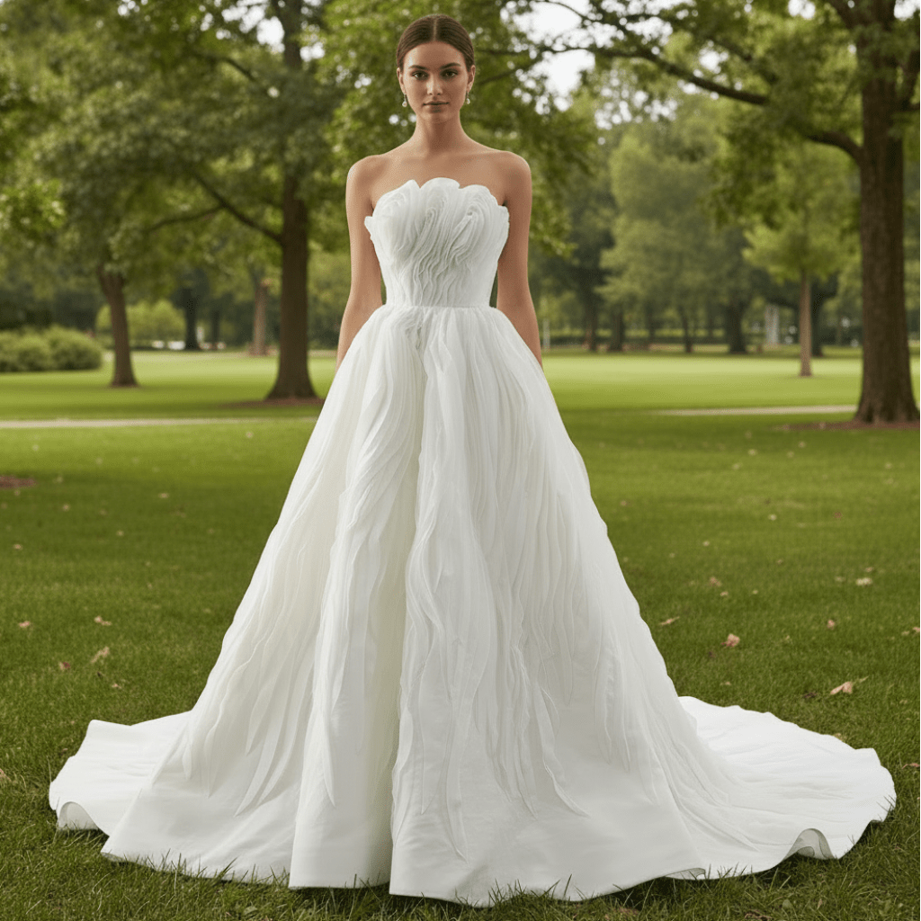 Elegant A-Line Asymmetrical Neckline Wedding Dress with Ruffle - Rosymae