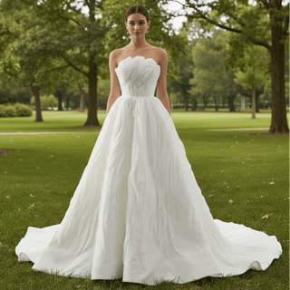 Elegant A-Line Asymmetrical Neckline Wedding Dress with Ruffle - Rosymae