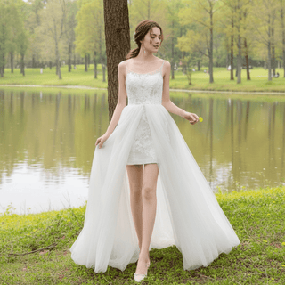Elegant A-line Fitted Short Wedding Dresses with Detachable Overskirt - Rosymae