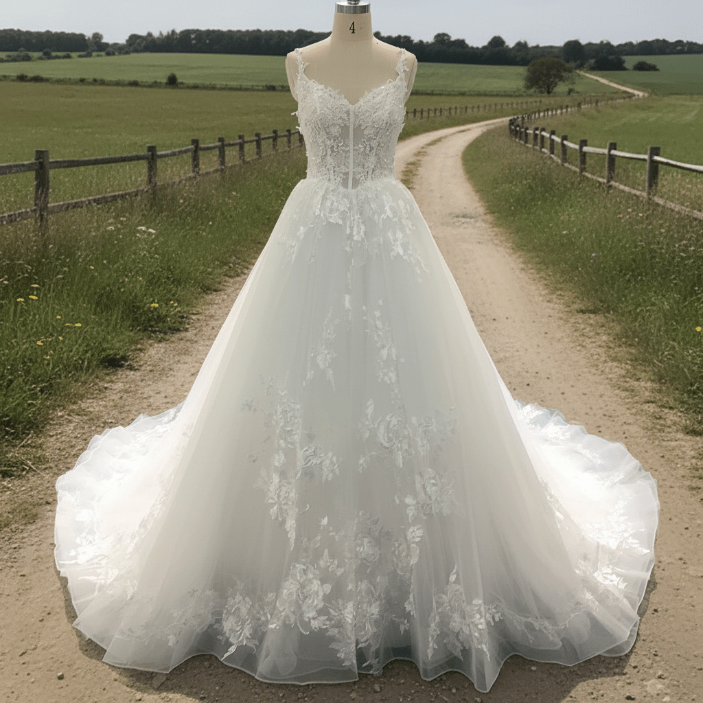 Elegant A-line Floral Lace Appliqued Wedding Dress with Spaghetti Strap - Rosymae