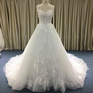 Elegant A-line Floral Lace Appliqued Wedding Dress with Spaghetti Strap - Rosymae