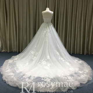 Elegant A-line Floral Lace Appliqued Wedding Dress with Spaghetti Strap - Rosymae
