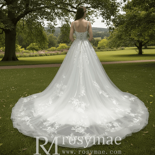 Elegant A-line Floral Lace Appliqued Wedding Dress with Spaghetti Strap - Rosymae
