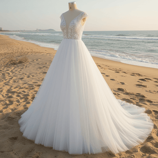 Elegant A-line Flowy Wedding Dress with Cap Sleeve for Beach - Rosymae