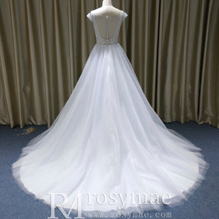 Elegant A-line Flowy Wedding Dress with Cap Sleeve for Beach - Rosymae