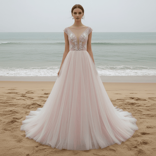 Elegant A-line Flowy Wedding Dress with Cap Sleeve for Beach - Rosymae