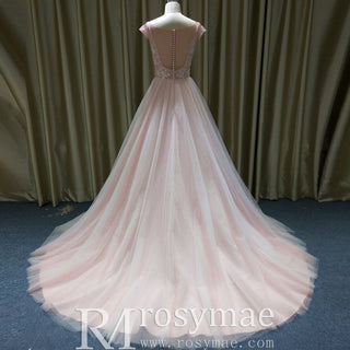Elegant A-line Flowy Wedding Dress with Cap Sleeve for Beach - Rosymae