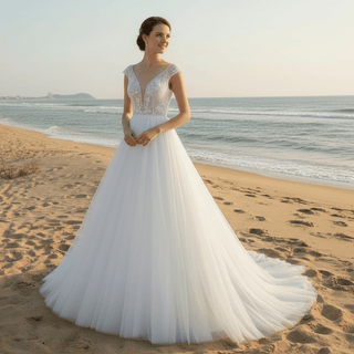 Elegant A-line Flowy Wedding Dress with Cap Sleeve for Beach - Rosymae