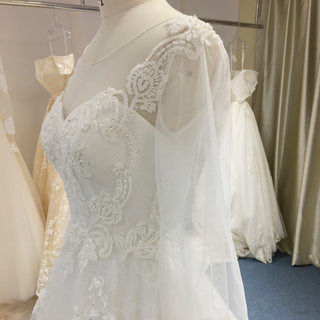 Elegant A-line Lace Appliqued Wedding Dress with Flutter Sheer Long Sleeve - Rosymae