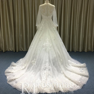 Elegant A-line Lace Appliqued Wedding Dress with Flutter Sheer Long Sleeve - Rosymae