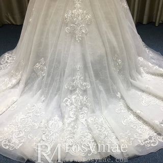 Elegant A-line Lace Appliqued Wedding Dress with Flutter Sheer Long Sleeve - Rosymae