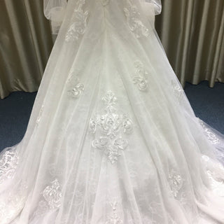 Elegant A-line Lace Appliqued Wedding Dress with Flutter Sheer Long Sleeve - Rosymae
