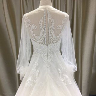Elegant A-line Lace Appliqued Wedding Dress with Flutter Sheer Long Sleeve - Rosymae