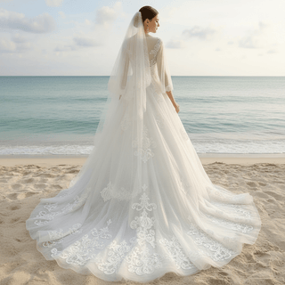 Elegant A-line Lace Appliqued Wedding Dress with Flutter Sheer Long Sleeve - Rosymae