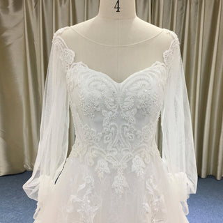Elegant A-line Lace Appliqued Wedding Dress with Flutter Sheer Long Sleeve - Rosymae