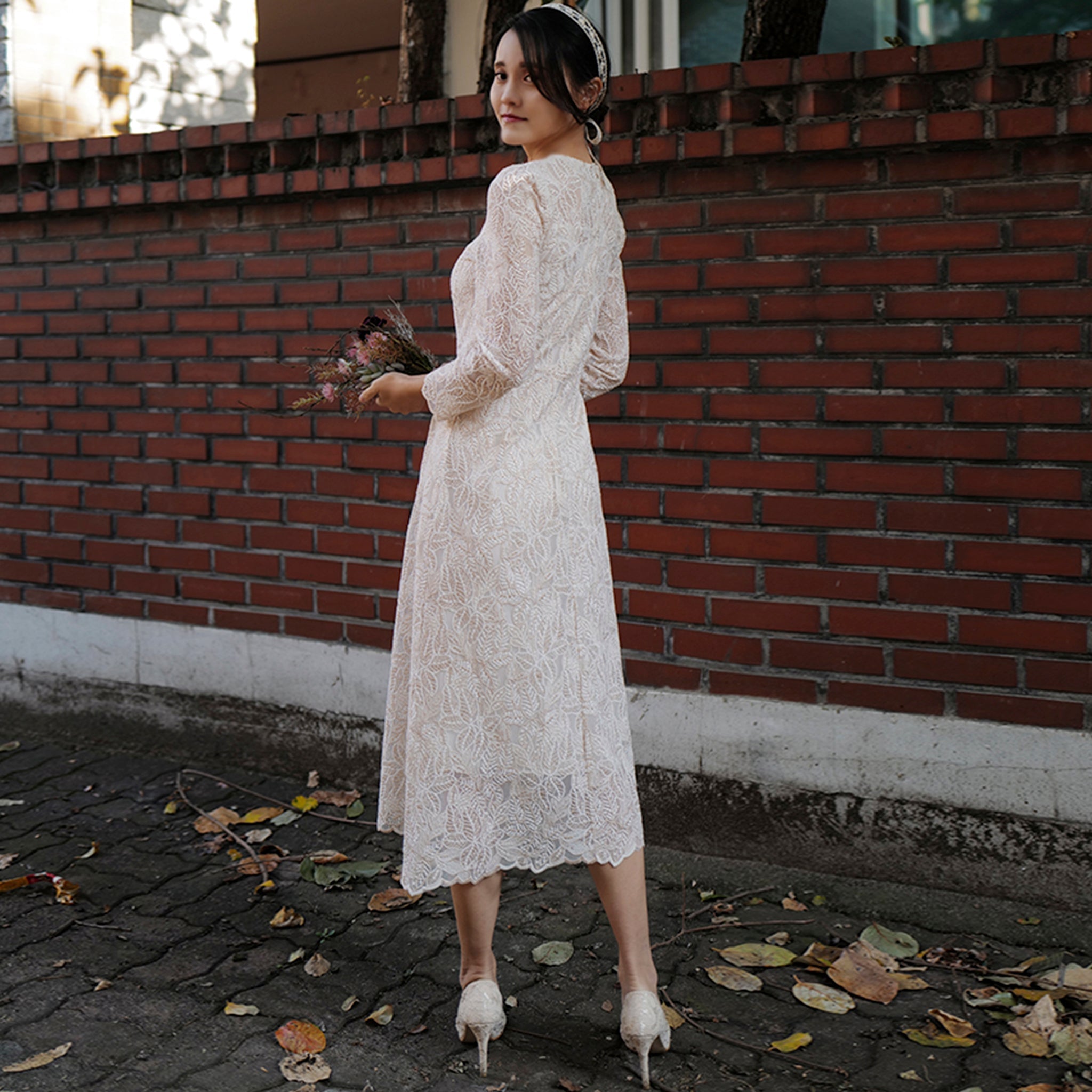 Elegant A-line Lace Long Sleeve Wedding Dress with Mid-calf Length - Rosymae