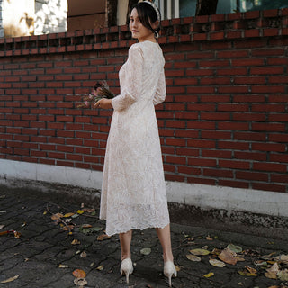 Elegant A-line Lace Long Sleeve Wedding Dress with Mid-calf Length - Rosymae