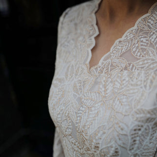Elegant A-line Lace Long Sleeve Wedding Dress with Mid-calf Length - Rosymae