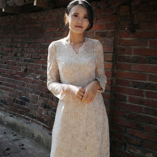 Elegant A-line Lace Long Sleeve Wedding Dress with Mid-calf Length - Rosymae
