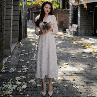 Elegant A-line Lace Long Sleeve Wedding Dress with Mid-calf Length - Rosymae